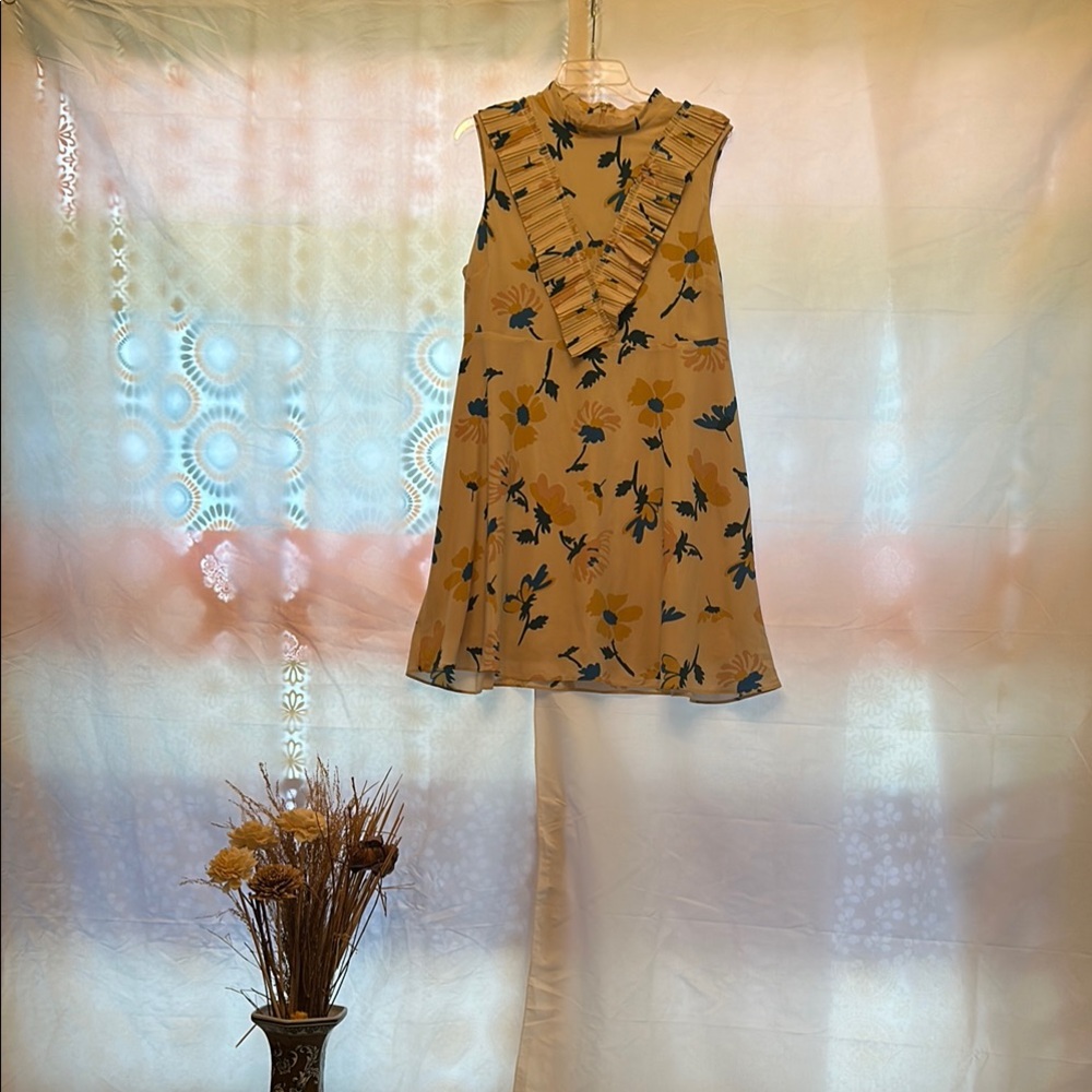 Floral Sleeveless Dress in Tan and Blue